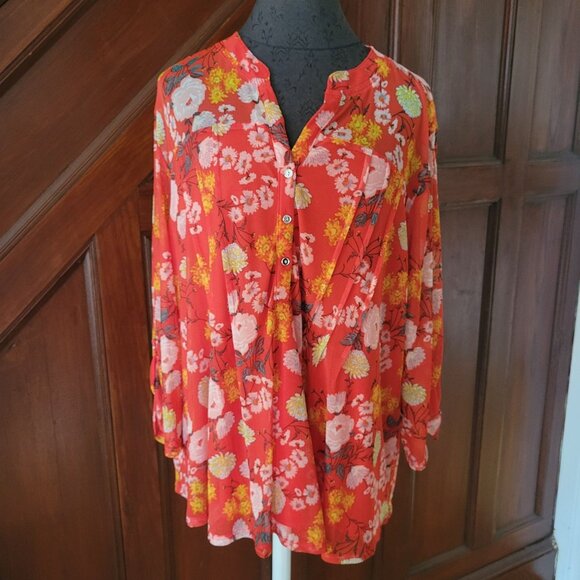 Cocomo Womens Floral Long Sleeve Blouse 1X Orange Yellow Pink Button-Front Top - Picture 1 of 7